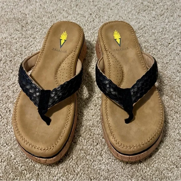 Volatile Black and Tan Braided Wedge Sandals - Picture 2 of 3